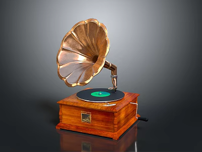 Vintage Gramophone With Golden Horn Wooden Base Black Turntable And Green Record 3d model