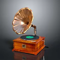 Vintage Gramophone With Golden Horn Wooden Base Black Turntable And Green Record