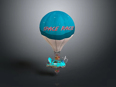 Blue Hot Air Balloon With Space Race Theme And Spacecraft Design Elements 3d model