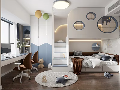 Modern Children's Bedroom With Bunk Bed Circular Windows And Study Desk 3d model