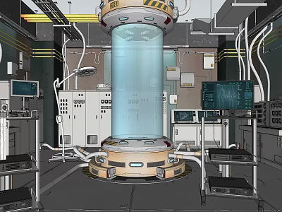 High Tech Laboratory Setup Featuring Large Cylindrical Device And Control Consoles 3d model