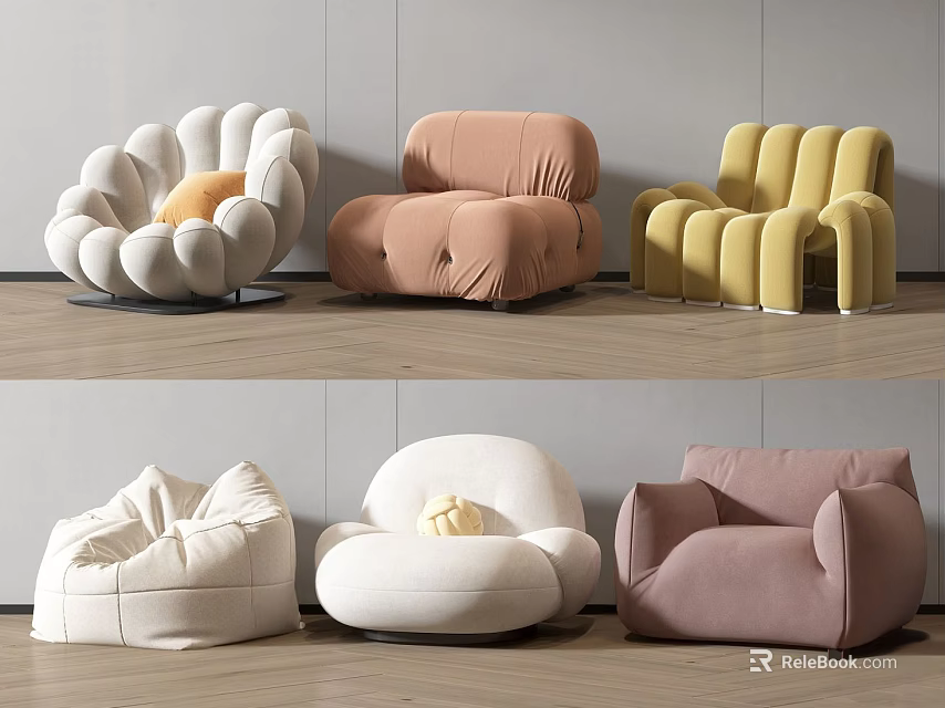 Stylish Modern Bean Bag Chairs With Various Colors And Comfortable Living Room Design 3d model 