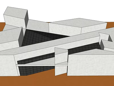 Modern Architectural Model With Geometric White Building Blocks And Grid Structure On Brown Ground 3d model
