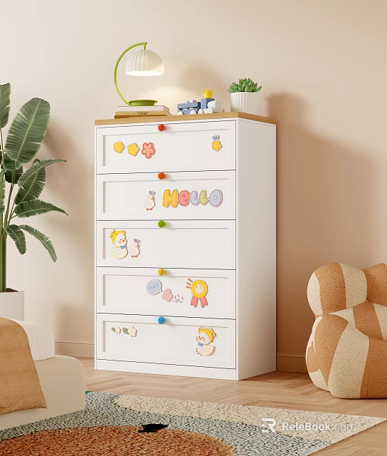 White Kids Dresser With Colorful Knobs Cartoon Stickers Hello Decal And Green Plant 3d model 