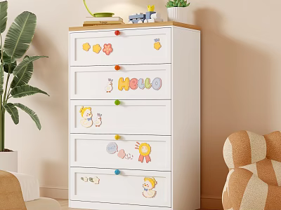 White Kids Dresser With Colorful Knobs Cartoon Stickers Hello Decal And Green Plant 3d model