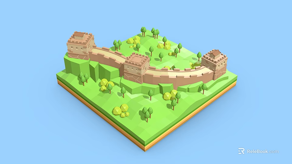 Cartoon Great Wall 3D Model With Low Poly Design Green Trees And Watchtowers 3d model 
