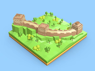 Cartoon Great Wall 3D Model With Low Poly Design Green Trees And Watchtowers 3d model