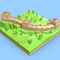 Cartoon Great Wall 3D Model With Low Poly Design Green Trees And Watchtowers