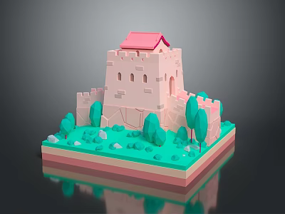 Commercial Equipment 3D Castle Display Model With Red Roof Green Trees And Reflective Base 3d model