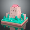 Commercial Equipment 3D Castle Display Model With Red Roof Green Trees And Reflective Base