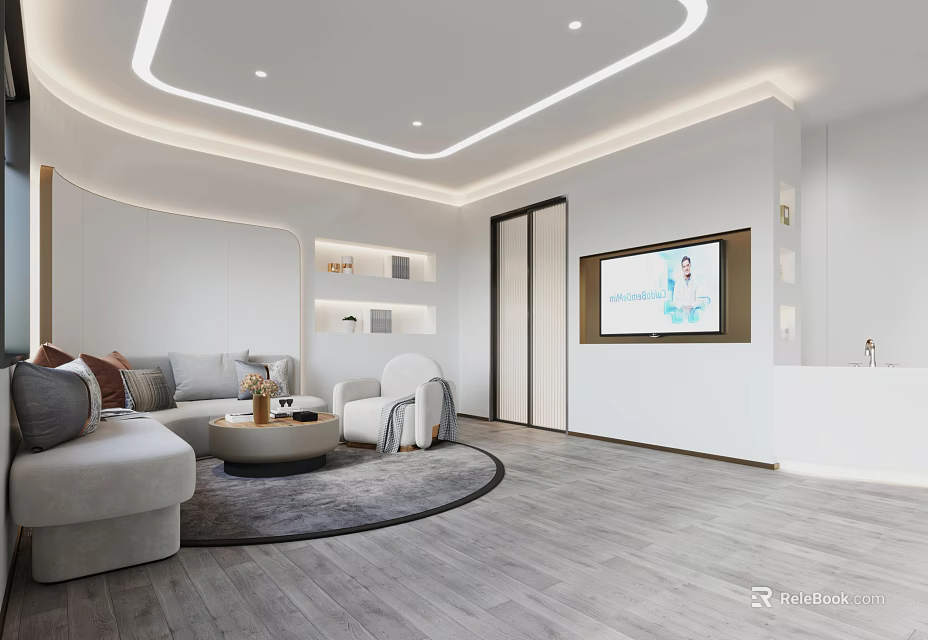 Modern Storefront Reception Space With Sofa Round Rug Open Shelves And Display Screen 3d model