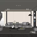 Modern Minimalist Living Room Interior With Grey Sofa Round Coffee Table And Potted Plant
