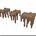 Three Classical Architecture Models With Ornate Carved Pillars And Stone Details