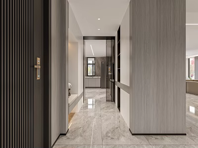 Modern Open Dining and Living Room Interior With Marble Floor And Wooden Panels 3d model