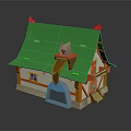 Cartoon House Scene With Green Roof Red Decorations Brown Chimney Blue Door And Stone Walls