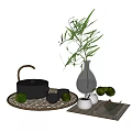 Traditional Tea Set with Teapot Teacups Bamboo Branch Limes and Tea Leaves on Woven Tray