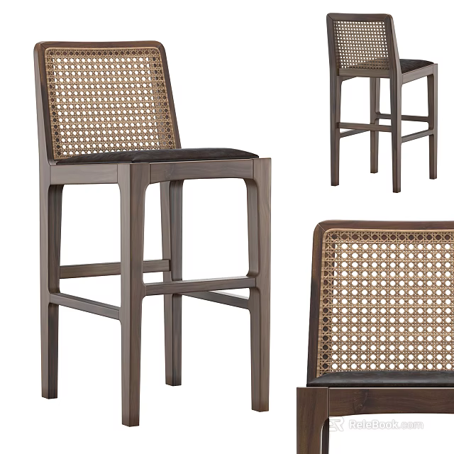 Modern Bar Stools With Woven Rattan Backrest And Wooden Legs Design 3d model 