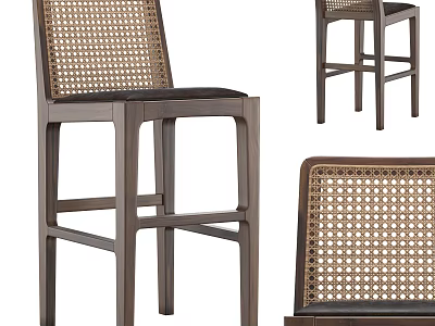 Modern Bar Stools With Woven Rattan Backrest And Wooden Legs Design 3d model