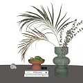 Elegant Decorative Ornament Set With Green Glass Vase Palm Leaves And Pink Fruit Bowl