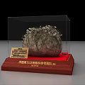 Three Rockery Stones Displayed in Transparent Cases with Red Wooden Bases and Golden Nameplates
