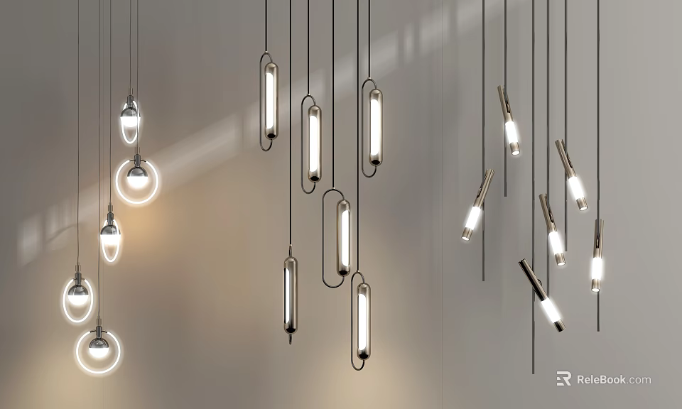 Modern Pendant Lights With Linear Cylindrical And Circular Shapes Suspended In Interior Space 3d model 