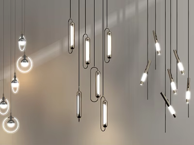 Modern Pendant Lights With Linear Cylindrical And Circular Shapes Suspended In Interior Space 3d model