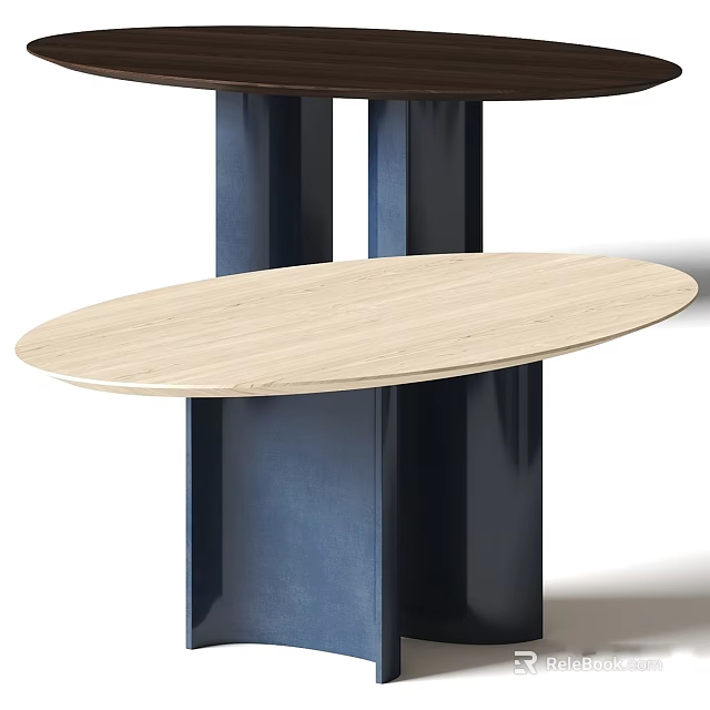 Modern Oval Light Wood Tabletop With Dark Blue Support Pillars Design 3d model 