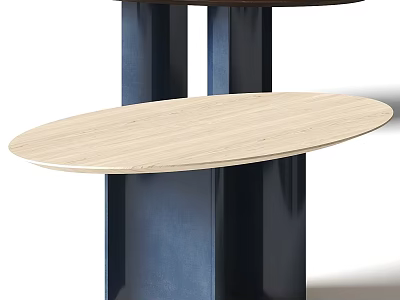 Modern Oval Light Wood Tabletop With Dark Blue Support Pillars Design 3d model