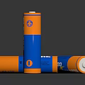 Orange And Blue Cylindrical Electro Batteries Standing On Reflective Surface 3d model