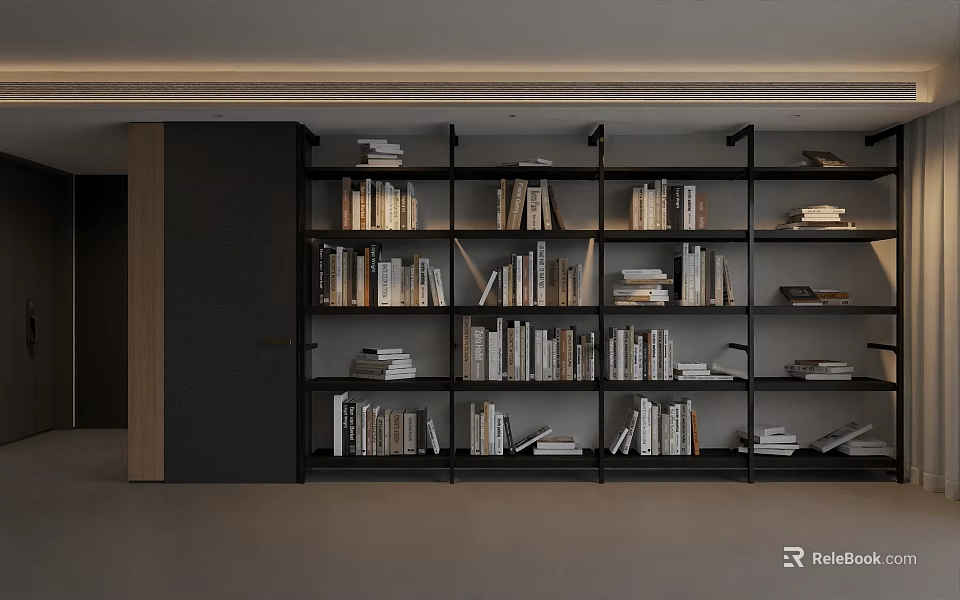 Modern Open Bookshelf Interior Design With Multiple Shelves And Stacked Books 3d model 