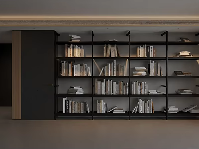 Modern Open Bookshelf Interior Design With Multiple Shelves And Stacked Books 3d model