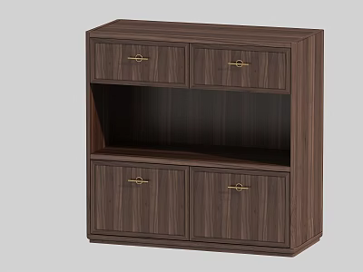 Brown Wooden Tea Cabinet With Drawers Cabinet Doors And Golden Handles 3d model