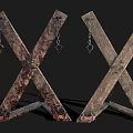 Old Vintage Industrial Equipment Featuring Crossed Wooden Structures Metal Chains Clasps And Rusted Worn Surface