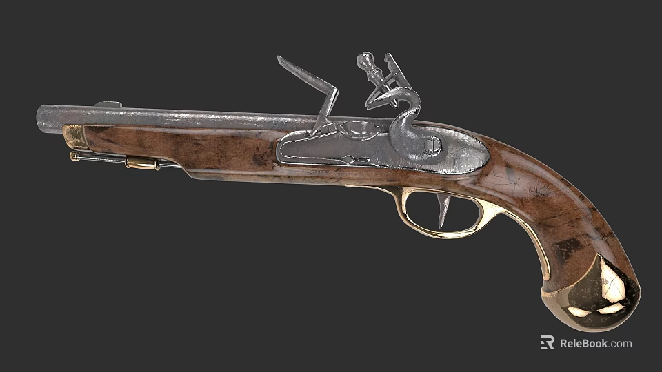 Vintage Antique Pistol With Brown Wooden Stock And Silver Metal Components 3d model 