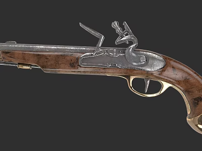 Vintage Antique Pistol With Brown Wooden Stock And Silver Metal Components 3d model