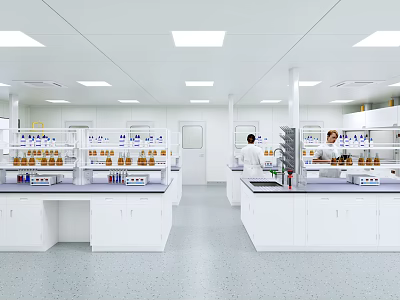 Modern Laboratory Interior With Lab Benches Bottles On Shelves And Researchers In White Coats 3d model