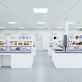 Modern Laboratory Interior With Lab Benches Bottles On Shelves And Researchers In White Coats