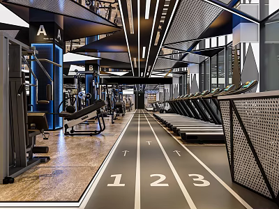 Modern Fitness Gym Interior With Treadmills Exercise Equipment And Running Track Numbers 3d model