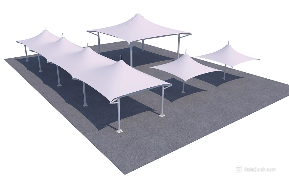 Multiple White Tensile Membrane Canopy Structures With Metal Support Frames In Outdoor Open Area 3d model 