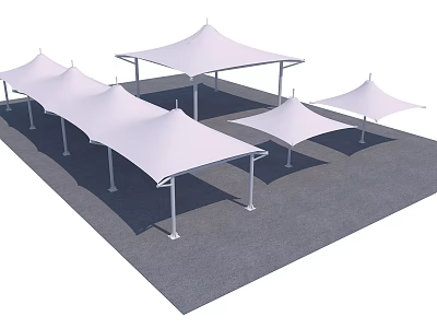 Multiple White Tensile Membrane Canopy Structures With Metal Support Frames In Outdoor Open Area 3d model