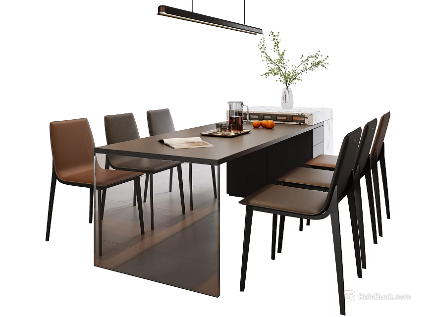 Modern Kitchen Dining Space With Island Table Dark Countertop Chairs Hanging Light And Fruit Decor 3d model 