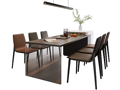 Modern Kitchen Dining Space With Island Table Dark Countertop Chairs Hanging Light And Fruit Decor 3d model
