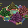 Intricate Ornamental Square Base With Mountain Shaped Decorations And Circular Trays