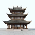 Ancient Chinese Architecture Three Story Wooden Structure With Curved Eaves Tiled Roof And Ornate Windows