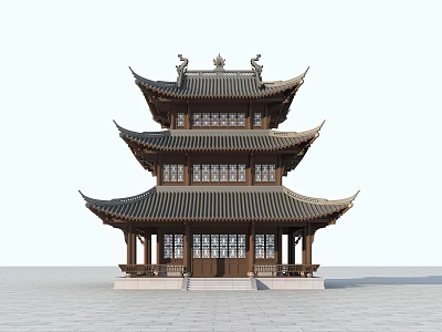 Ancient Chinese Architecture Three Story Wooden Structure With Curved Eaves Tiled Roof And Ornate Windows 3d model