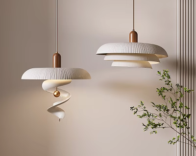 Modern White Pendant Lights With Ribbed Design Brass Base Against Light Wall And Green Plant 3d model