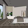 Modern Luxury Hotel Guest Room with King Bed Floor-to-Ceiling Window Bathtub Wooden Flooring Minimalist Design