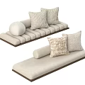Modern Beige Sofa Design With Decorative Pillows And Round Bolster And Wooden Frame Details