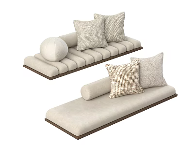 Modern Beige Sofa Design With Decorative Pillows And Round Bolster And Wooden Frame Details 3d model