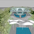 Modern Sales Office Building With Glass Facade And Water Feature Entrance